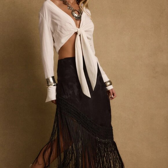 Twelfth Tribe Frankie Black Satin Jacquard Fringe Midi Skirt - Picture 5 of 10